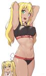  1girl :d armpits arms_behind_head arms_up bare_arms bare_shoulders blonde_hair bow bowtie breasts cloba collared_shirt commentary_request copyright_name covered_nipples cowboy_shot dark-skinned_female dark_skin dumbbell_nan_kilo_moteru? fang green_eyes groin gyaru hands_on_own_cheeks hands_on_own_face highres large_breasts long_hair looking_at_viewer navel open_mouth sakura_hibiki shirt simple_background smile sports_bra stomach sweat twintails white_background white_shirt 