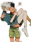  2boys absurdres animal_ears bare_legs bishounen blue_shirt blush carrying carrying_person cat_ears closed_eyes english_commentary extra_ears face-to-face full-face_blush gon_freecss green_shorts heart highres hunter_x_hunter iwakki jacket killua_zoldyck lifting_person male_focus multiple_boys open_mouth picking_up shirt shorts simple_background socks speech_bubble spoken_heart tail white_background white_hair white_socks yaoi 
