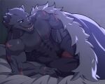  anthro bed black_nipples blaidd_(elden_ring) canid canine canis claws dark_eyes dark_grey_fur elden_ring fangs fromsoftware fur_cape furniture glowing glowing_eyes hi_res humanoid_genitalia male mammal muscular muto2000_(artist) nipples purple_eyes scars_all_over solo video_games wolf 