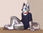 4:3 anthro asnnonaka black_nose blue_clothing blue_eyes blue_topwear bottomless canid closed_smile clothed clothing crotch_tuft dark_topwear elbow_tuft featureless_crotch full-length_portrait fur glistening glistening_eyes glistening_nose grey_body grey_fur grey_tail hi_res leaning leaning_back looking_at_viewer male mammal mouth_closed pawpads pink_pawpads portrait side_view sitting solo topwear tuft unsigned white_body white_fur 