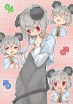  1boy :d animal_ears bangs blush capelet closed_eyes commentary_request cookie_(touhou) cowboy_shot dorasiro_(cookie) dress grey_dress grey_hair hair_between_eyes highres long_sleeves looking_at_viewer male_focus man_(man-room) mars_symbol mouse_boy mouse_ears mouse_tail nazrin open_mouth otoko_no_ko pink_background red_eyes shirt short_hair smile tail touhou white_capelet white_shirt 