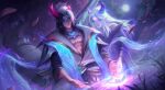  1boy 1girl abs absurdres alune_(league_of_legends) aphelios bangs bead_necklace beads black_hair blue_horns brother_and_sister closed_mouth clothing_request dutch_angle flower glowing highres horns jewelry kodama league_of_legends long_hair long_sleeves medium_hair moon multicolored_hair necklace night official_alternate_costume official_art outdoors petals pointy_ears red_horns second-party_source siblings spirit_blossom_aphelios tree two-tone_hair wading water white_hair 