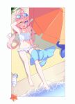  1girl ahoge bangs barefoot beach beach_towel beach_umbrella bikini blue_archive blush day eyewear_on_head frilled_bikini frills from_above hair_between_eyes hair_bobbles hair_ornament halo heterochromia highres hoshino_(blue_archive) hoshino_(swimsuit)_(blue_archive) inflatable_toy jacket jacket_removed long_hair looking_at_viewer low_twintails marudeningen open_mouth pink_hair shoes shoes_removed sitting solo starfish sunglasses swimsuit towel twintails umbrella water white_bikini yellow_eyes 