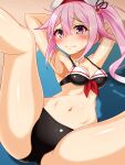  1girl 3: beret bikini black_bikini breasts commentary_request commission flower gradient_hair hair_flaps hair_flower hair_ornament harusame_(kancolle) hat highres hinagiku-19 kantai_collection multicolored_hair pink_hair red_eyes side_ponytail skeb_commission small_breasts solo spread_legs swimsuit white_headwear 