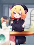  3girls alternate_costume bare_shoulders blonde_hair blurry blurry_background blurry_foreground bokeh bow choker cup depth_of_field drinking_straw hat highres luna_child multiple_girls open_mouth sitting solo_focus star_sapphire sunny_milk table touhou you_(noanoamoemoe) 