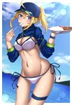  1girl absurdres artoria_pendragon_(fate) bangs bikini blonde_hair blue_eyes blue_headwear blush breasts fate/grand_order fate_(series) food hat highres large_breasts long_sleeves looking_at_viewer medium_hair mysterious_heroine_xx_(fate) navel outdoors side-tie_bikini_bottom smile solo spoon swimsuit thigh_strap thighs toukan water white_bikini 