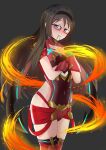  1girl akemi_homura black_hair cosplay covered_navel fire flat_chest glasses highres long_hair mahou_shoujo_madoka_magica name_connection purple_eyes pyra_(xenoblade) pyra_(xenoblade)_(cosplay) red_shorts short_shorts shorts solo wtct8324 xenoblade_chronicles_(series) xenoblade_chronicles_2 