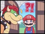  !? 2boys ^^^ armlet ayyk92 bangs blue_eyes bowser brown_hair collar facial_hair looking_at_another mario mario_(series) multiple_boys mustache open_door overalls red_hair red_headwear red_shirt shirt short_hair spiked_armlet spiked_collar spikes sweat 