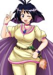  1girl absurdres amelia_wil_tesla_seyruun bangs belt black_hair blush breasts cape hand_up hexagram highres jewelry medium_breasts multicolored_hair nanoder one_eye_closed open_mouth pants purple_hair shirt short_hair simple_background skirt slayers smile solo two-tone_hair v white_background wristband yellow_cape yellow_pants yellow_shirt 