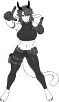  2022 absurd_res anthro barefoot belt bottomwear breasts chabett clothed clothing dragon feet female gesture gloves gun_holster hair handwear hi_res horn looking_at_viewer midriff monochrome navel pants pgm300 solo topwear wingless_dragon 