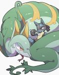  abdominal_bulge ambiguous_gender anthro blue_body blue_fur canid canine duo feral forked_tongue fur generation_4_pokemon generation_5_pokemon hi_res ima_att lucario mammal nintendo pokemon pokemon_(species) red_eyes reptile scalie serperior snake tongue video_games vore 