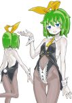  1girl animal_ears back bangs black_leotard blue_eyes blush breasts collar colored_skin commentary_request cookie_(touhou) daiyousei detached_collar diyusi_(cookie) fake_animal_ears fake_tail feet_out_of_frame fishnet_pantyhose fishnets green_hair hair_between_eyes highres leotard looking_at_viewer man_(man-room) necktie open_mouth pantyhose playboy_bunny ponytail rabbit_ears rabbit_tail short_hair simple_background small_breasts smile strapless strapless_leotard tail touhou white_background white_collar white_skin wrist_cuffs yellow_necktie 