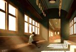  1boy bag brown_hair child evening ground_vehicle hand_grip highres light_particles light_rays long_sleeves male_child male_focus original pants scenery school_bag school_briefcase seat shirt short_hair sitting solo taizo4282 train train_interior white_shirt window 