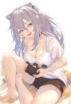  1girl :d absurdres animal_ear_fluff animal_ears bangs barefoot black_choker black_nails black_shorts breasts choker cleavage collarbone controller earrings fangs game_controller grey_hair hair_between_eyes highres holding holding_controller hololive honkivampy jewelry large_breasts lion_ears lion_girl long_hair looking_at_viewer nail_polish shirt shishiro_botan short_shorts shorts single_bare_shoulder sitting smile solo t-shirt teeth thighs toenail_polish toenails upper_teeth virtual_youtuber wavy_hair white_shirt yellow_eyes 
