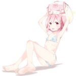  1girl armpits arms_up bag barefoot bikini blue_archive blue_bikini blurry blurry_foreground blush character_request commentary_request feet flat_chest full_body hair_ribbon halo hat holding knees_together_feet_apart kokekokko_coma legs medium_hair nurse_cap open_mouth pink_eyes pink_hair pink_ribbon ribbon shadow shoulder_bag side-tie_bikini_bottom side_ponytail simple_background soles solo swimsuit thighs toes white_background 