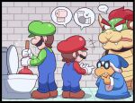  ... 4boys ayyk92 bangs black_border blue_cloak blue_headwear blue_overalls border bowser character_request cloak facial_hair fang fangs glasses gloves green_headwear green_shirt horns indoors industrial_pipe luigi mario mario_(series) multiple_boys mustache open_mouth overalls plumber red_hair red_headwear red_shirt shirt spoken_ellipsis stone_wall sweat toilet toilet_paper wall white_gloves 