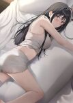  1girl absurdres bangs bare_arms bare_shoulders black_hair blush breasts highres large_breasts long_hair looking_at_viewer original parted_lips pillow purple_eyes sleeveless solo thighs xretakex 