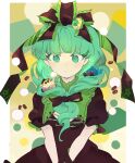  1girl bangs blunt_bangs chamaruku color_guide dress expressionless frills green_eyes green_hair hair_ribbon kagiyama_hina looking_at_viewer ribbon simple_background solo touhou v_arms yorigami_jo&#039;on yorigami_shion 