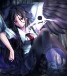 1girl bird_wings black_hair black_wings bow cape chest_jewel feathered_wings feet_out_of_frame green_bow hair_bow highres knees_together_feet_apart light_particles light_smile long_hair night red_eyes reiuji_utsuho solo teeth tenamaru touhou wings 
