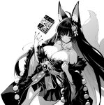  1girl animal_ears azur_lane beads black_hair black_kimono facial_mark fox_ears fox_girl fox_tail fur-trimmed_kimono fur_trim greyscale highres hori_(hori_no_su) japanese_clothes jewelry kimono kitsune kyuubi long_hair low_neckline magatama magatama_necklace monochrome multiple_tails musashi_(azur_lane) necklace obi prayer_beads sash solo tail very_long_hair 