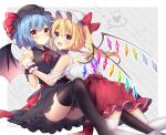  2girls :d adapted_costume bare_shoulders bat_wings black_dress black_headwear black_thighhighs blonde_hair blue_hair blush bow closed_mouth collared_shirt commentary_request crystal dress fang feet_out_of_frame flandre_scarlet from_behind hat hat_bow hat_ribbon heart holding_hands interlocked_fingers leaning_on_person leg_between_thighs long_hair looking_at_viewer looking_back medium_hair mob_cap multiple_girls one_side_up open_mouth red_bow red_eyes red_ribbon red_skirt remilia_scarlet ribbon ruhika shirt siblings sisters sitting skirt sleeveless sleeveless_shirt smile sparkle spoken_heart thighhighs touhou white_headwear white_shirt white_thighhighs wings wrist_cuffs 