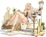  1girl alcohol artist_request azur_lane blonde_hair bottle bracelet breasts cake collarbone cotton_ball couch crossed_legs cup dress drinking_glass earrings evening_gown food full_body gold_dress gold_footwear hair_over_one_eye high_heels highres jewelry large_breasts legs long_hair looking_at_viewer manjuu_(azur_lane) nevada_(a_magnificent_banquet)_(azur_lane) nevada_(azur_lane) official_alternate_costume official_art open_mouth parted_lips revealing_clothes sitting smile solo star_(symbol) star_earrings table thigh_strap transparent_background wine wine_bottle wine_glass yellow_eyes 