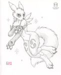  2022 anthro armwear bandai_namco bridal_gauntlets canid clothing digimon digimon_(species) female fur greyscale kacey looking_at_viewer mammal monochrome neck_tuft open_mouth renamon solo tuft 