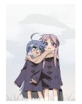  2girls :d ahoge bag black_coat black_jacket blue_hair breath coat green_eyes highres hiiragi_kagami holding holding_bag huge_ahoge izumi_konata jacket konokawa long_hair long_sleeves looking_at_another lucky_star mole mole_under_eye multiple_girls open_mouth plaid plaid_scarf purple_eyes purple_hair scarf shared_clothes shared_scarf simple_background smile standing white_background winter_clothes 