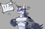  anthro canid canine canis hi_res male mammal manyu nipple_piercing nipples piercing solo tattoo transformation visor wolf 