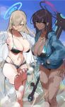  2girls aqua_nails asuna_(blue_archive) bangs bikini black_hair blue_archive blue_jacket breasts choker cleavage commentary dark-skinned_female dark_skin day feet grin gun hair_over_one_eye halo hand_in_pocket highleg highleg_bikini jacket jewelry karin_(blue_archive) kicking large_breasts lemoneko light_brown_hair long_hair looking_at_viewer multiple_girls nail_polish necklace open_clothes open_jacket outdoors rifle short_shorts shorts smile sniper_rifle swimsuit symbol-only_commentary tattoo toenail_polish toenails unfinished very_long_hair water weapon weapon_on_back 