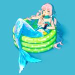  1girl bangs bikini blue_background blue_eyes cup drinking_glass drinking_straw fins fish_girl highres holding holding_cup long_hair mermaid monster_girl original partially_submerged pink_hair pool rubber_duck scales simple_background solo swimsuit twintails wading_pool zakka_(d-o-t) 