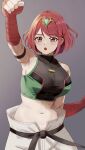  1girl amayo_thranana bangs blush breasts commentary cowboy_shot crop_top dougi fingerless_gloves gloves grey_background highres karate_gi large_breasts looking_at_viewer midriff navel open_mouth pants pyra_(xenoblade) red_eyes red_gloves red_hair short_hair simple_background solo swept_bangs white_pants xenoblade_chronicles_(series) xenoblade_chronicles_2 xenoblade_chronicles_3 