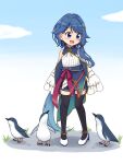  1girl :d absurdres animal bangs bare_shoulders bird black_thighhighs blue_eyes blue_hair blue_sky braid braided_bangs cloud commentary full_body hair_ornament hairclip highres long_hair looking_away low_ponytail open_mouth penguin project_gen2 shiraha_maru shoes single_sidelock sky smile solo standing thighhighs tsubasa_aiba very_long_hair virtual_youtuber white_footwear zettai_ryouiki 