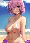  areola_slip beach blue_sky breasts cowboy_shot fate/grand_order fate_(series) hair_over_one_eye haruhisky highres large_breasts light_purple_hair mash_kyrielight navel ocean purple_eyes purple_hair semi-rimless_eyewear short_hair sky slingshot_swimsuit smile swimsuit under-rim_eyewear 