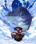  1girl black_headwear blue_sky bowl bowl_hat cloud floating_island frilled_kimono frills full_body hat highres japanese_clothes kimono long_sleeves looking_at_viewer outdoors purple_hair red_eyes red_kimono rock shope short_hair sky solo sukuna_shinmyoumaru touhou wide_sleeves 