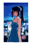  1girl absurdres bangs bare_shoulders black_hair blush city city_lights closed_mouth dress expressionless hibike!_euphonium highres kousaka_reina long_hair looking_at_viewer mou_(piooooon) night outdoors ponytail purple_eyes scrunchie sky sleeveless sleeveless_dress solo spaghetti_strap standing white_dress 