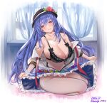  1girl aonaga_heri bare_shoulders black_headwear blue_hair blue_skirt bra breasts clothes_lift collarbone food frilled_skirt frills fruit hat hinanawi_tenshi lifted_by_self long_hair off_shoulder peach petticoat skirt skirt_lift solo touhou underwear 