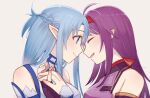  2girls ahoge armor asuna_(sao) asuna_(sao-alo) bangs bare_shoulders blue_eyes blue_hair braid breastplate closed_eyes closed_mouth detached_sleeves dress hairband heads_together holding_hands long_hair multiple_girls open_mouth pointy_ears purple_hair red_hairband relative94 smile sword_art_online upper_body white_dress yuri yuuki_(sao) 