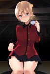  1girl absurdres bangs black_panties black_skirt blonde_hair blue_eyes blush braid breasts cameltoe cup darjeeling_(girls_und_panzer) epaulettes girls_und_panzer highres holding holding_cup jacket large_breasts long_sleeves military military_uniform miniskirt nakamura_yukitoshi nose_blush panties pleated_skirt red_jacket short_hair sitting skirt solo st._gloriana&#039;s_military_uniform teacup twin_braids underwear uniform 