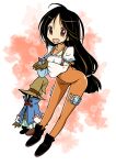  1boy 1girl black_hair bodysuit breasts brown_eyes final_fantasy final_fantasy_ix full_body garnet_til_alexandros_xvii gloves hat highres jewelry long_hair looking_at_viewer muramasa_mikado necklace open_mouth orange_bodysuit smile vivi_ornitier wizard_hat 