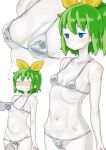  1girl bangs bikini bikini_lift blue_eyes blush bow breasts closed_eyes closed_mouth clothes_lift collarbone colored_skin commentary_request cookie_(touhou) cowboy_shot daiyousei diyusi_(cookie) flying_sweatdrops green_hair grey_bikini hair_bow highres man_(man-room) micro_bikini motor_vehicles_only_sign multiple_views navel road_sign short_hair sign simple_background small_breasts swimsuit touhou white_background white_skin yellow_bow 