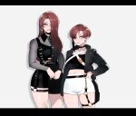  2girls black_choker black_coat breasts brown_hair choker coat dae_seo-yun_(nyantcha) earrings freckles hand_on_hip height_difference highres jewelry large_breasts letterboxed lipstick long_hair looking_at_viewer makeup midriff multiple_girls navel nyantcha o-ring_thigh_strap open_clothes open_coat original parted_lips pink_eyes pink_lips short_hair short_shorts shorts siblings simple_background sisters smile white_background white_shorts 