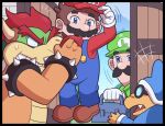  4boys angry armlet ayyk92 bangs blue_eyes blue_headwear blue_overalls bowser bracelet brown_footwear brown_hair character_request collar facial_hair fang glasses gloves grabbing holding jewelry lifting_person looking_at_another luigi mario mario_(series) multiple_boys mustache open_door overalls red_hair red_shirt shirt short_hair spiked_armlet spiked_bracelet spiked_collar spikes white_gloves 