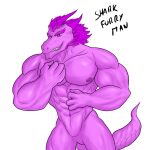  anthro dragon feather_hair feathered_dragon feathers hair hi_res horn male muscular muscular_male nipples pecs pink_body pink_hair pseudo_hair scalie sharkfurryman smile solo zotec_(zotec) 