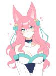  1girl ahri_(league_of_legends) animal_ears bangs bare_shoulders bell black_choker bow breasts choker cleavage collarbone detached_sleeves fox_ears fox_tail green_bow green_eyes hair_bell hair_bow hair_ornament heart highres large_breasts league_of_legends long_hair official_alternate_costume pink_hair shiny shiny_hair shyoricchi simple_background smile solo spirit_blossom_ahri tail upper_body white_background 