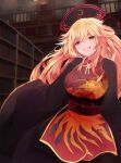  1girl ai-assisted arano_oki black_dress blonde_hair breasts dress gold_trim grin highres indoors junko_(touhou) large_breasts library long_hair long_sleeves looking_at_viewer phoenix_crown railing sash smile solo tabard teeth touhou wide_sleeves 