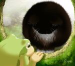  animal animal_focus black_cat black_fur cat cat_loaf closed_eyes frog hachiya_shohei highres moss no_humans original outdoors scenery tree tree_bark 