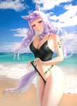 absurdres animal_ears arm_tattoo beach black_one-piece_swimsuit breasts cleavage clothes_pull gold_ship_(run_revolt_launcher)_(umamusume) gold_ship_(umamusume) grin highres horse_ears horse_girl horse_tail large_breasts long_hair looking_at_viewer navel ocean one-piece_swimsuit outdoors pulled_by_self purple_eyes purple_hair rkh2001 sand smile squid standing stomach swimsuit swimsuit_pull tail tattoo teeth thighs umamusume water 