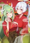  2girls absurdres bangs blush breasts cosplay dragon_girl dragon_horns fate/grand_order fate_(series) felnemo flame_print green_hair green_hakama hair_between_eyes hakama highres horns japanese_clothes kimono kiyohime_(fate) large_breasts long_hair long_sleeves looking_at_viewer mash_kyrielight mash_kyrielight_(cosplay) mash_kyrielight_(enma-tei_uniform) mash_kyrielight_(enma-tei_uniform)_(cosplay) medium_breasts multiple_girls multiple_horns open_mouth ponytail red_eyes red_kimono smile thighs tomoe_gozen_(fate) white_hair wide_sleeves yellow_eyes 