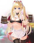  1girl apron bangs barmaid bat_wings beer_mug blonde_hair blue_eyes blurry blurry_background breasts closed_mouth cowboy_shot cup demon_tail highres holding holding_cup long_hair looking_at_viewer maid_headdress medium_breasts mug mvv navel original sidelocks solo tail thighhighs twintails waist_apron white_apron wings 